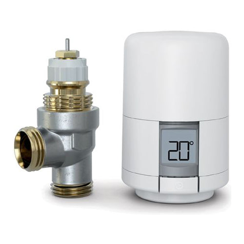 Thermostatic Radiator Valve and smart header for hive on a white background